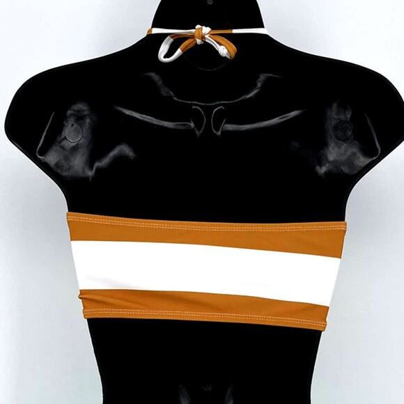 Swimsuit Dark Yellow & White Stripe Print Halter Bikini Top Only Size Large - Picture 6 of 6